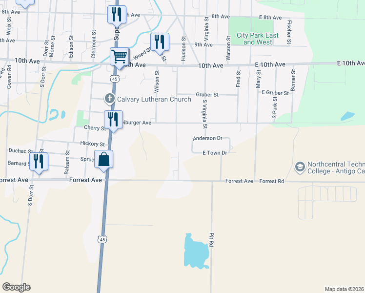 map of restaurants, bars, coffee shops, grocery stores, and more near 537 South Hudson Street in Antigo
