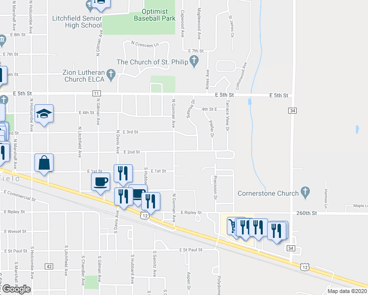 map of restaurants, bars, coffee shops, grocery stores, and more near 805 East 2nd Street in Litchfield