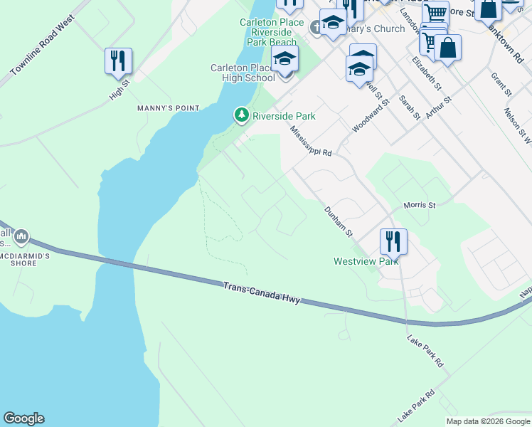 map of restaurants, bars, coffee shops, grocery stores, and more near 54 Griffith Way in Carleton Place