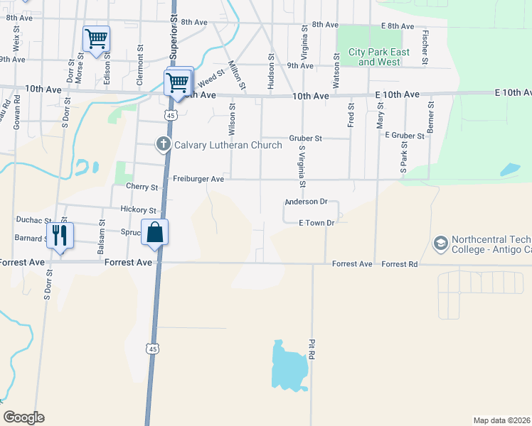 map of restaurants, bars, coffee shops, grocery stores, and more near 537 South Hudson Street in Antigo