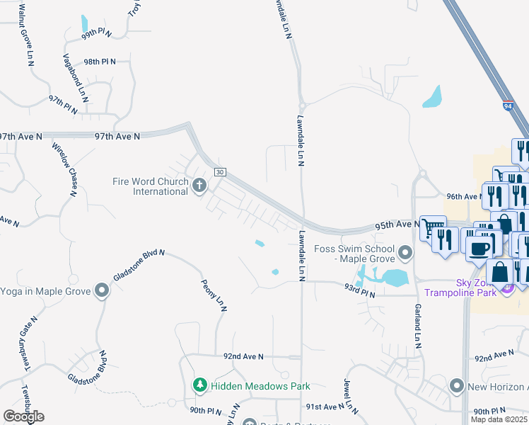 map of restaurants, bars, coffee shops, grocery stores, and more near 17564 96th Avenue North in Osseo
