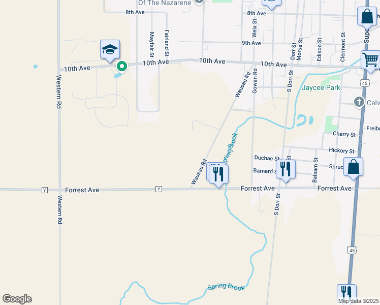 map of restaurants, bars, coffee shops, grocery stores, and more near 634 Wausau Road in Antigo