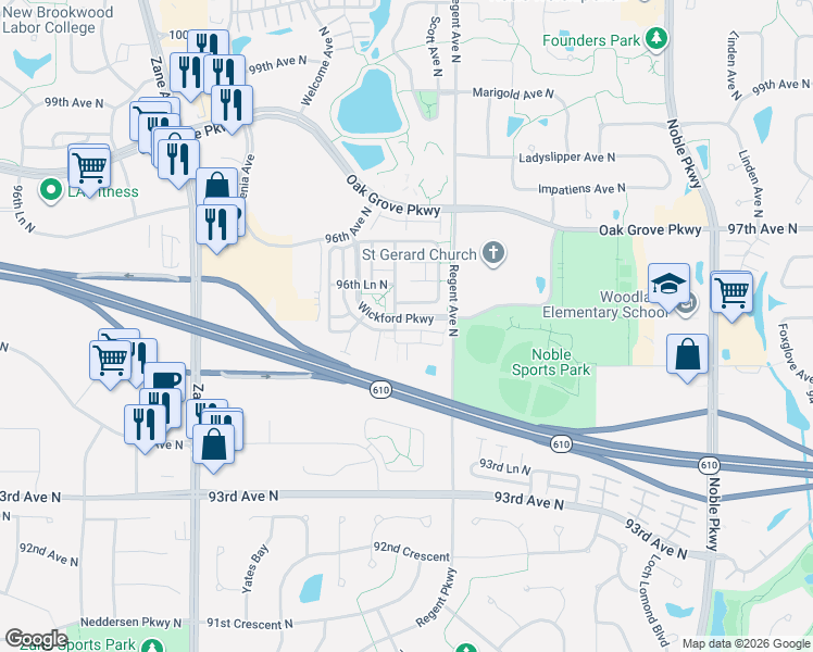 map of restaurants, bars, coffee shops, grocery stores, and more near 5164 95th Way North in Brooklyn Park