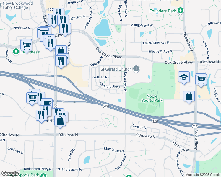 map of restaurants, bars, coffee shops, grocery stores, and more near 5164 95th Way North in Brooklyn Park