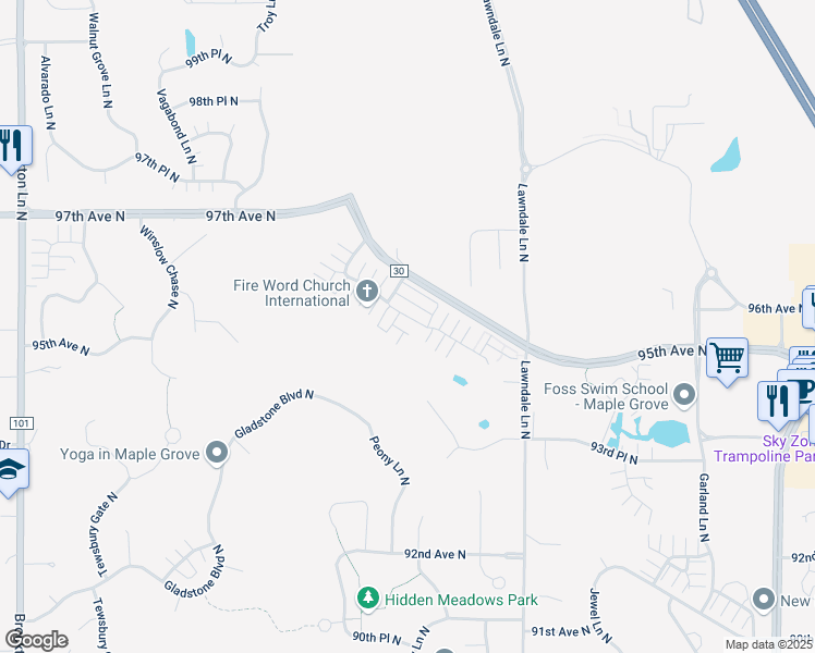 map of restaurants, bars, coffee shops, grocery stores, and more near 17853 96th Avenue North in Osseo
