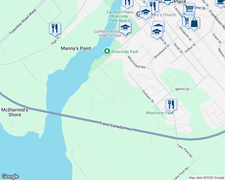 map of restaurants, bars, coffee shops, grocery stores, and more near 116 Dowdall Circle in Carleton Place