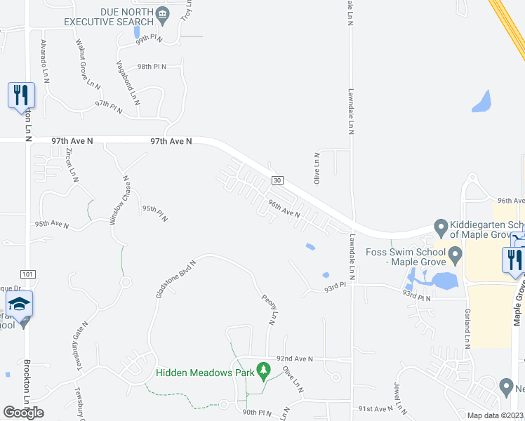 map of restaurants, bars, coffee shops, grocery stores, and more near 17929 96th Avenue North in Osseo