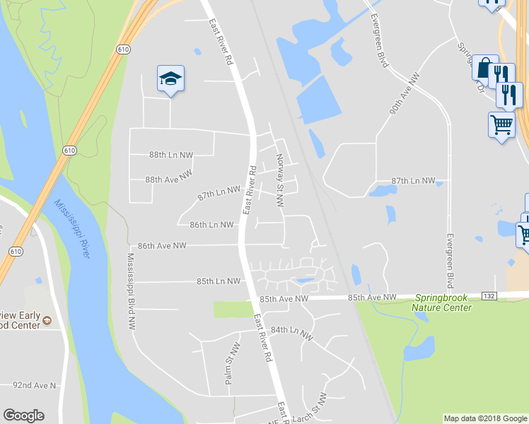 map of restaurants, bars, coffee shops, grocery stores, and more near 8701 East River Road in Coon Rapids