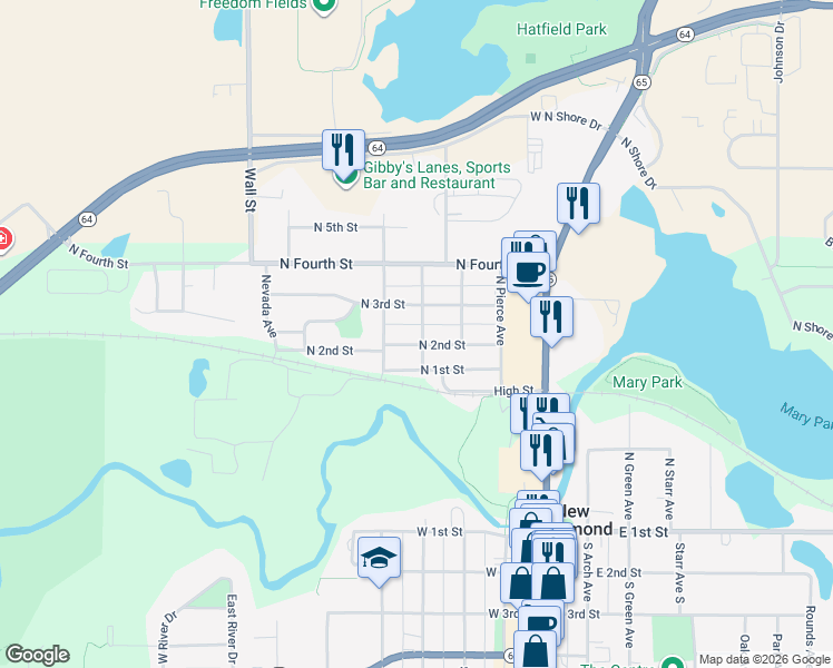 map of restaurants, bars, coffee shops, grocery stores, and more near 407 North 1st Street in New Richmond