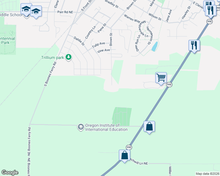 map of restaurants, bars, coffee shops, grocery stores, and more near 1634 Brown Street in Woodburn