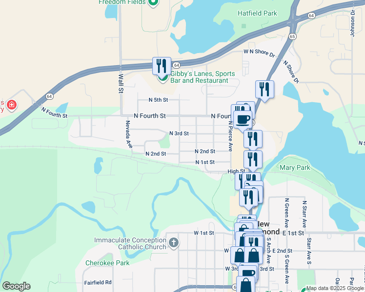 map of restaurants, bars, coffee shops, grocery stores, and more near 507 North Washington Avenue in New Richmond