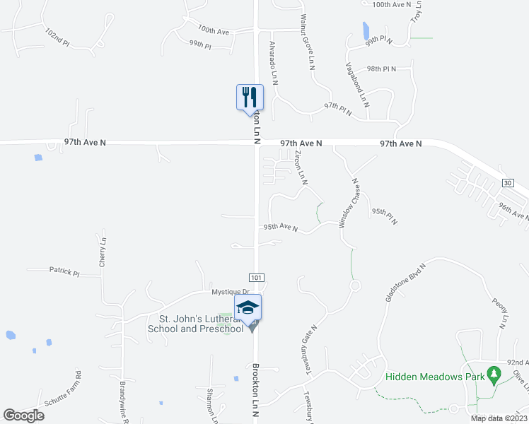 map of restaurants, bars, coffee shops, grocery stores, and more near 9549 Alvarado Lane North in Maple Grove