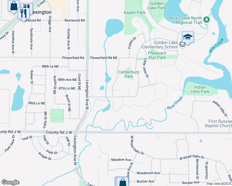 map of restaurants, bars, coffee shops, grocery stores, and more near 4392 87th Lane Northeast in Circle Pines