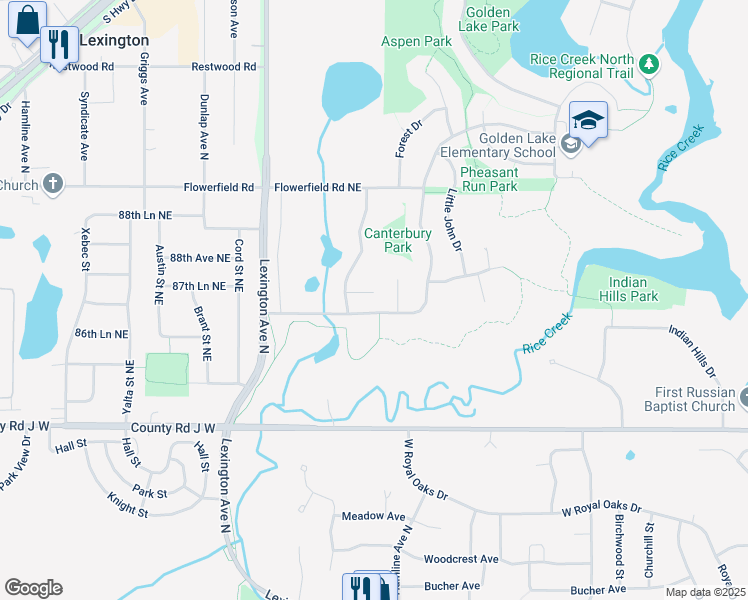 map of restaurants, bars, coffee shops, grocery stores, and more near 4392 87th Lane Northeast in Circle Pines