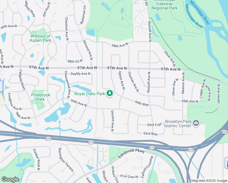 map of restaurants, bars, coffee shops, grocery stores, and more near 2900 94th Way in Brooklyn Park