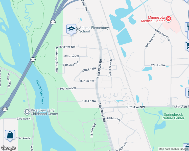 map of restaurants, bars, coffee shops, grocery stores, and more near 811 86th Lane Northwest in Coon Rapids