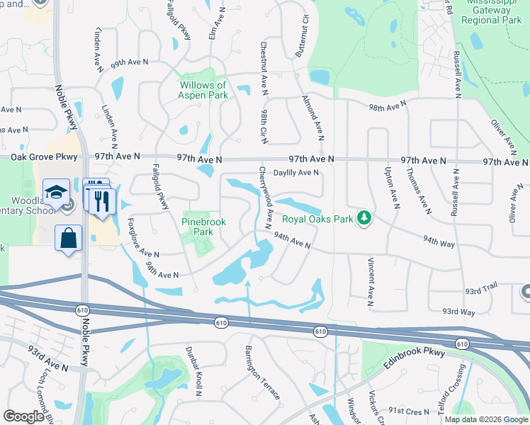 map of restaurants, bars, coffee shops, grocery stores, and more near 3401 94th Avenue North in Minneapolis