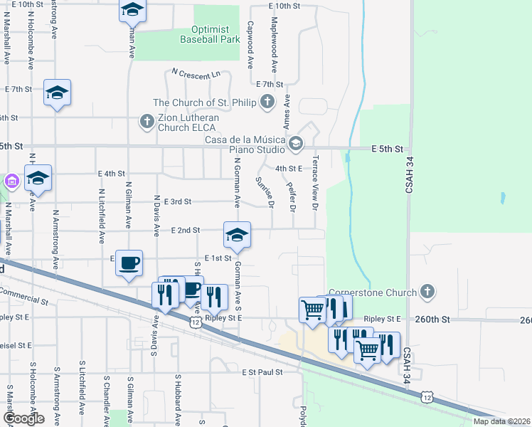 map of restaurants, bars, coffee shops, grocery stores, and more near 902 East 2nd Street in Litchfield