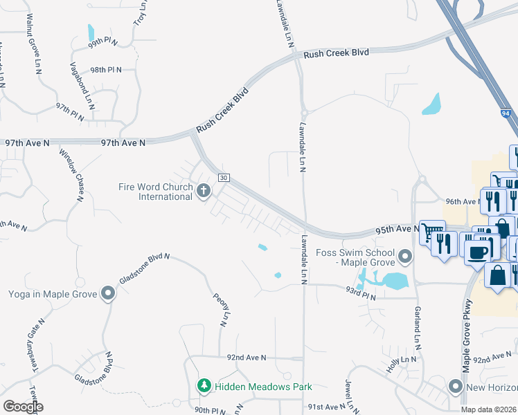 map of restaurants, bars, coffee shops, grocery stores, and more near 17701 96th Avenue North in Osseo