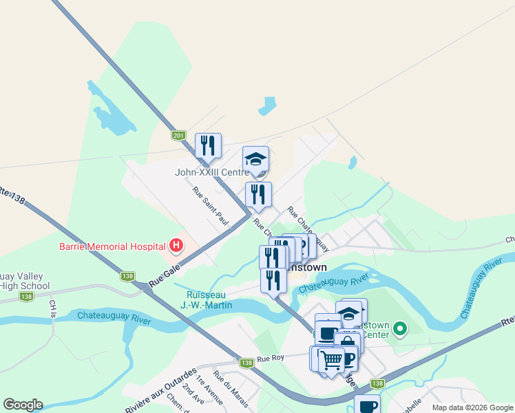 map of restaurants, bars, coffee shops, grocery stores, and more near 5 Rue du Prince-Albert in Montérégie