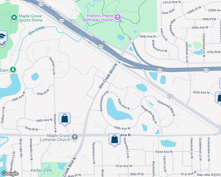map of restaurants, bars, coffee shops, grocery stores, and more near 9601 Rosewood Lane North in Maple Grove