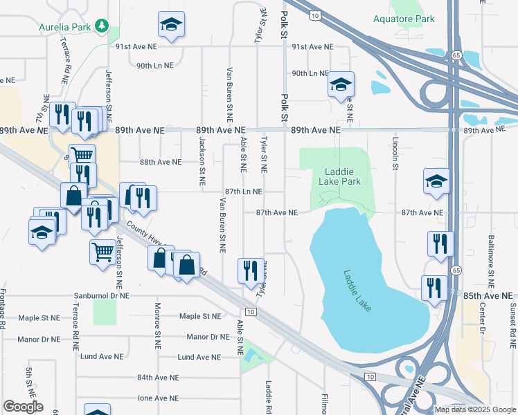 map of restaurants, bars, coffee shops, grocery stores, and more near 8702 Tyler Street Northeast in Blaine