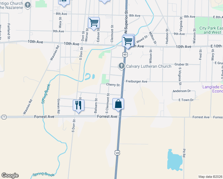 map of restaurants, bars, coffee shops, grocery stores, and more near 728 Cherry Street in Antigo