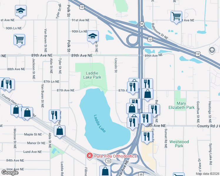 map of restaurants, bars, coffee shops, grocery stores, and more near 8730 Lincoln Street in Blaine