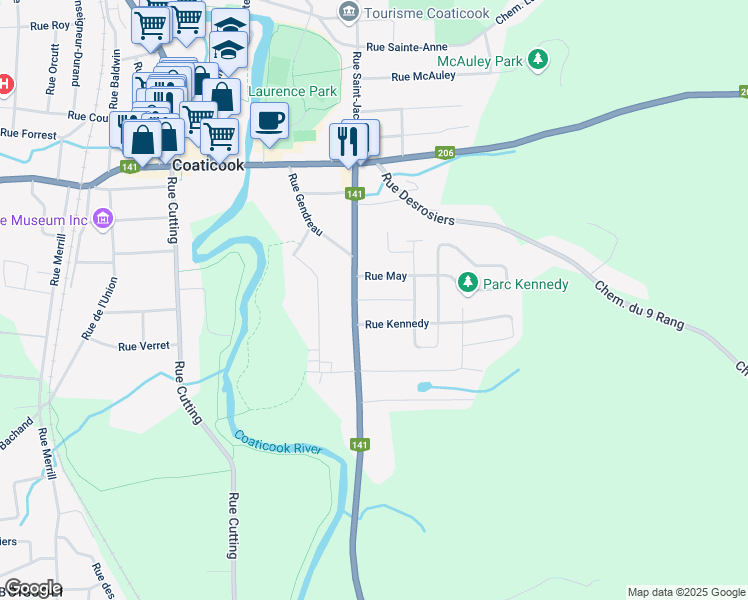 map of restaurants, bars, coffee shops, grocery stores, and more near Rue Simard in Coaticook