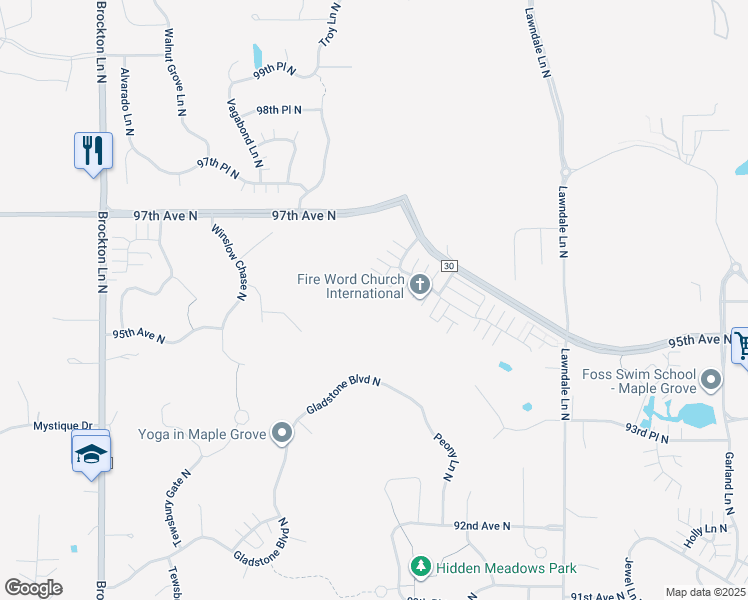 map of restaurants, bars, coffee shops, grocery stores, and more near 18151 96th Avenue North in Osseo
