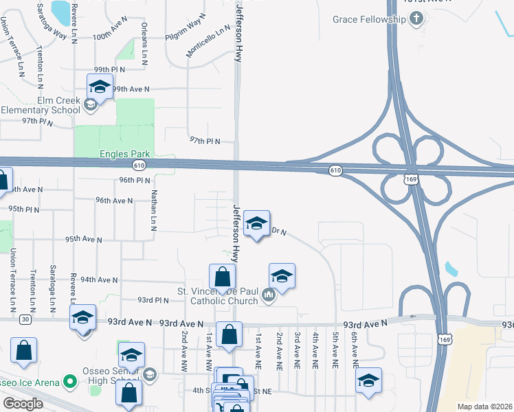 map of restaurants, bars, coffee shops, grocery stores, and more near 9500 Decatur Drive North in Brooklyn Park