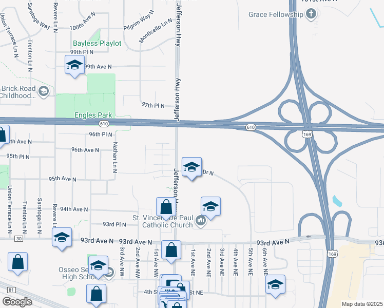 map of restaurants, bars, coffee shops, grocery stores, and more near 9500 Decatur Drive North in Brooklyn Park