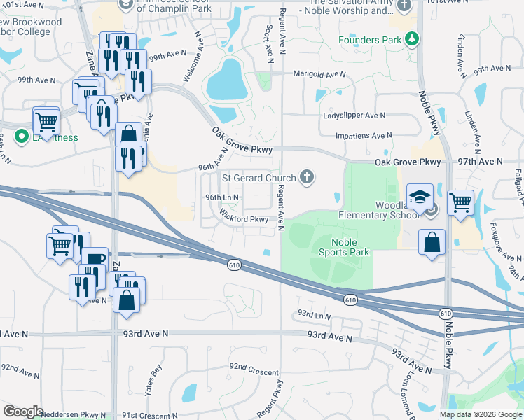 map of restaurants, bars, coffee shops, grocery stores, and more near 9515 Scott Circle in Brooklyn Park