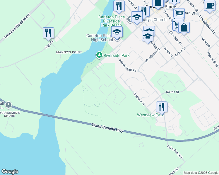 map of restaurants, bars, coffee shops, grocery stores, and more near 30 Dowdall Circle in Carleton Place