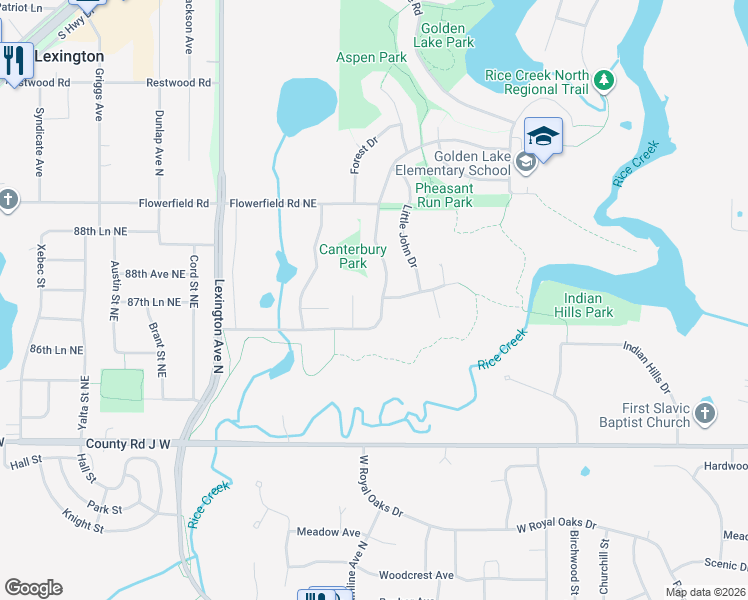 map of restaurants, bars, coffee shops, grocery stores, and more near 208 Marion Court in Circle Pines