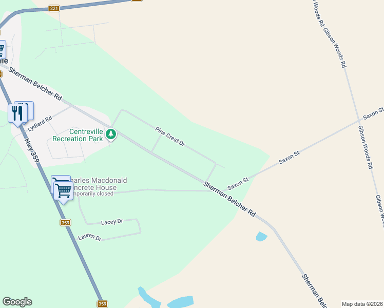 map of restaurants, bars, coffee shops, grocery stores, and more near 1157 Pine Crest Drive in Centreville
