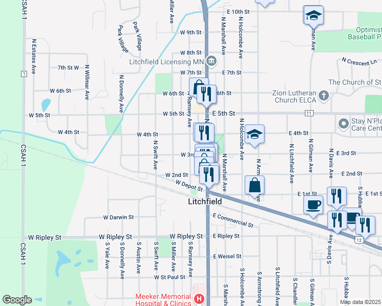 map of restaurants, bars, coffee shops, grocery stores, and more near 301 North Ramsey Avenue in Litchfield