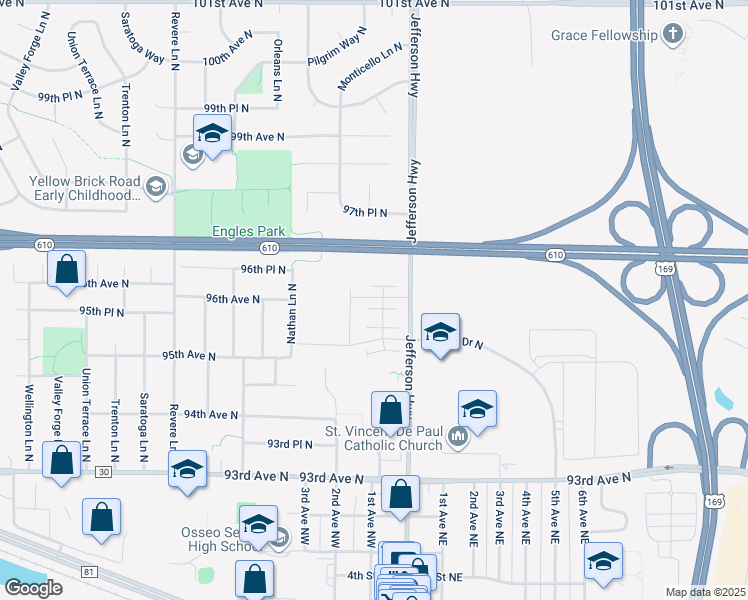 map of restaurants, bars, coffee shops, grocery stores, and more near 9533 Jefferson Highway in Maple Grove