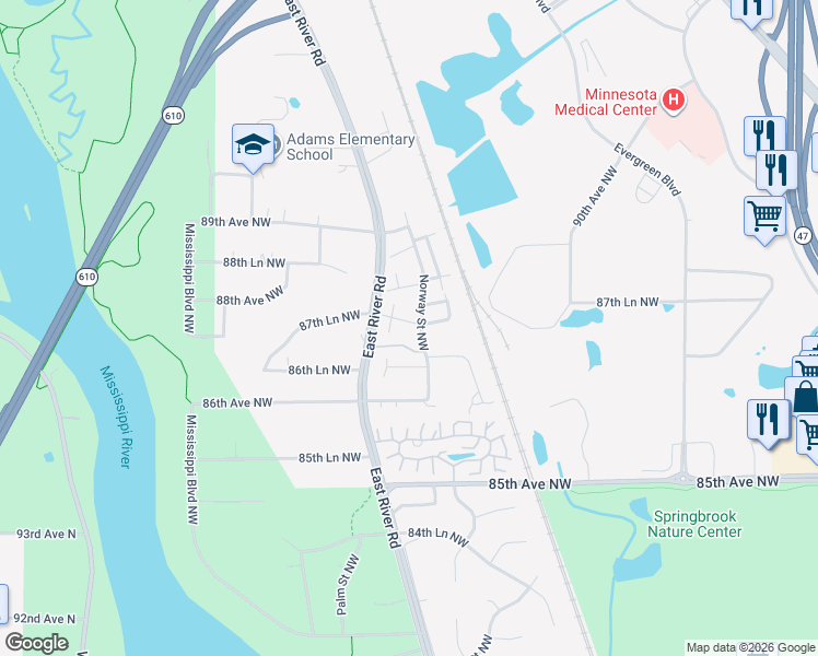 map of restaurants, bars, coffee shops, grocery stores, and more near 8700 Norway Street Northwest in Minneapolis