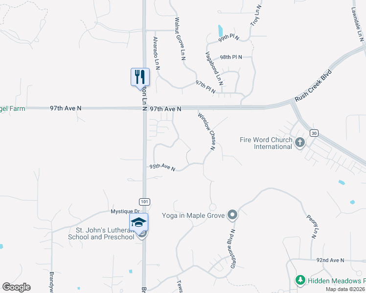 map of restaurants, bars, coffee shops, grocery stores, and more near 9577 Zircon Court North in Osseo