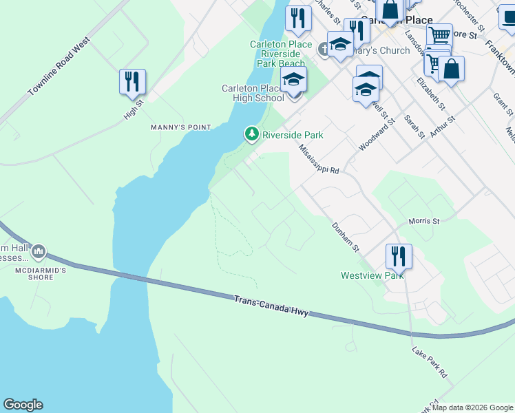 map of restaurants, bars, coffee shops, grocery stores, and more near 30 Dowdall Circle in Carleton Place