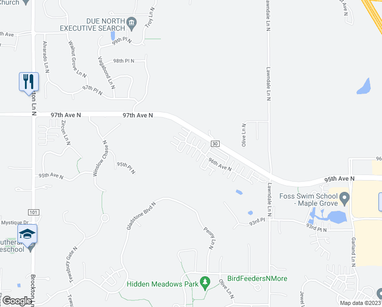 map of restaurants, bars, coffee shops, grocery stores, and more near 18073 96th Avenue North in Osseo