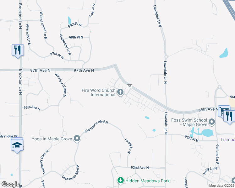 map of restaurants, bars, coffee shops, grocery stores, and more near 18069 96th Avenue North in Osseo