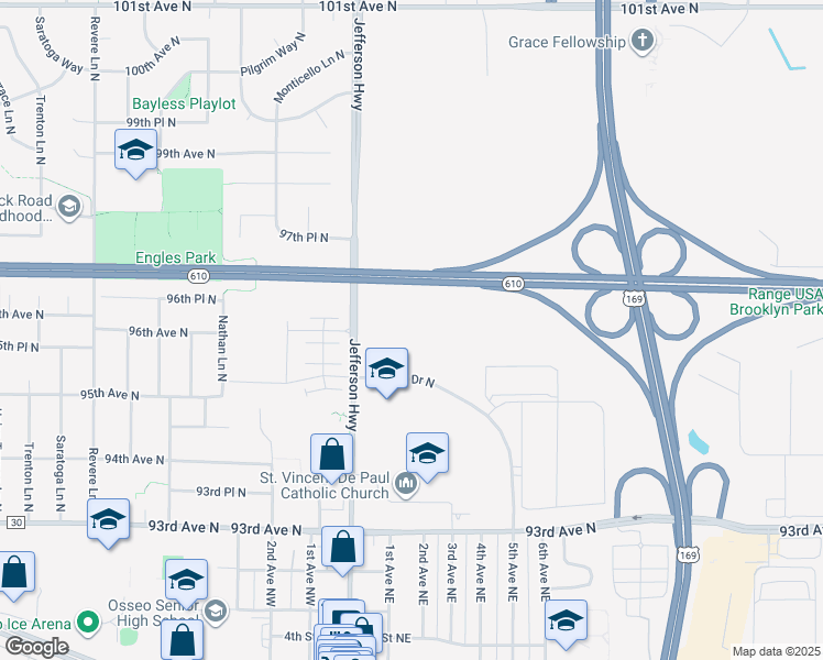 map of restaurants, bars, coffee shops, grocery stores, and more near 9500 Decatur Drive North in Brooklyn Park