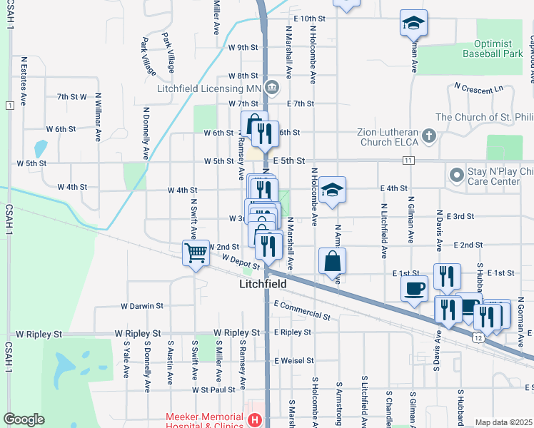 map of restaurants, bars, coffee shops, grocery stores, and more near 311 North Sibley Avenue in Litchfield