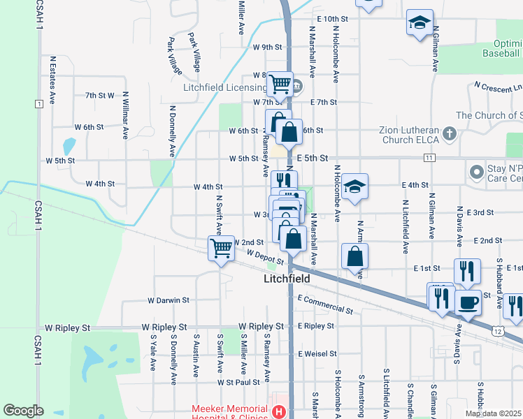 map of restaurants, bars, coffee shops, grocery stores, and more near 301 North Ramsey Avenue in Litchfield