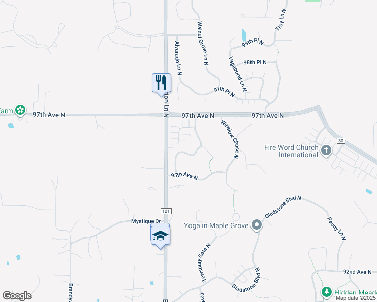 map of restaurants, bars, coffee shops, grocery stores, and more near 18920 96th Avenue North in Osseo