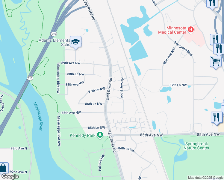 map of restaurants, bars, coffee shops, grocery stores, and more near 8696 Norway St NW in Minneapolis