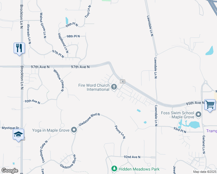 map of restaurants, bars, coffee shops, grocery stores, and more near 18101 96th Avenue North in Osseo