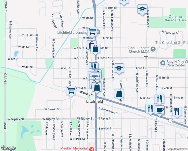 map of restaurants, bars, coffee shops, grocery stores, and more near 311 North Sibley Avenue in Litchfield